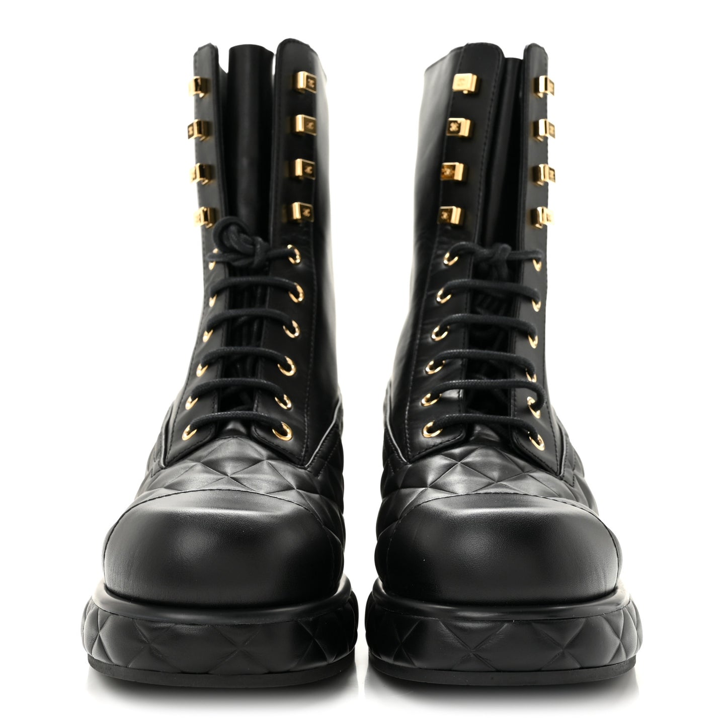 Calfskin Quilted Lace Up Combat Boots 38 Black