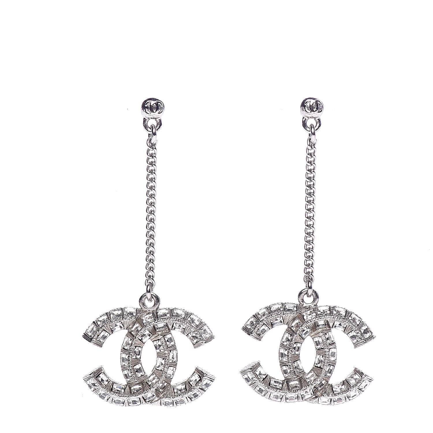 Chanel Baguette Crystal CC Drop Earrings Silver 1 of 4