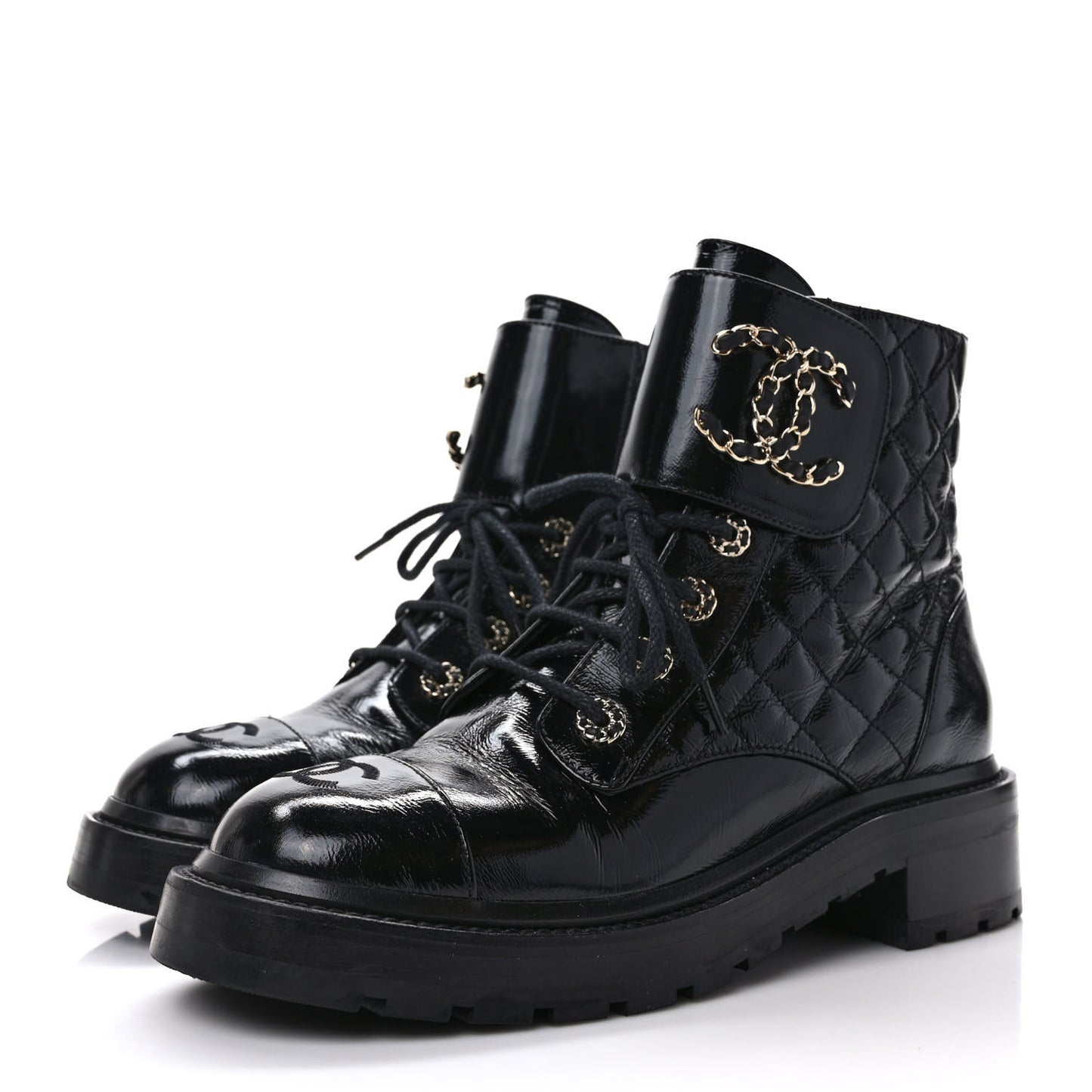 Shiny Calfskin Quilted Lace Up Combat Boots 38.5 Black