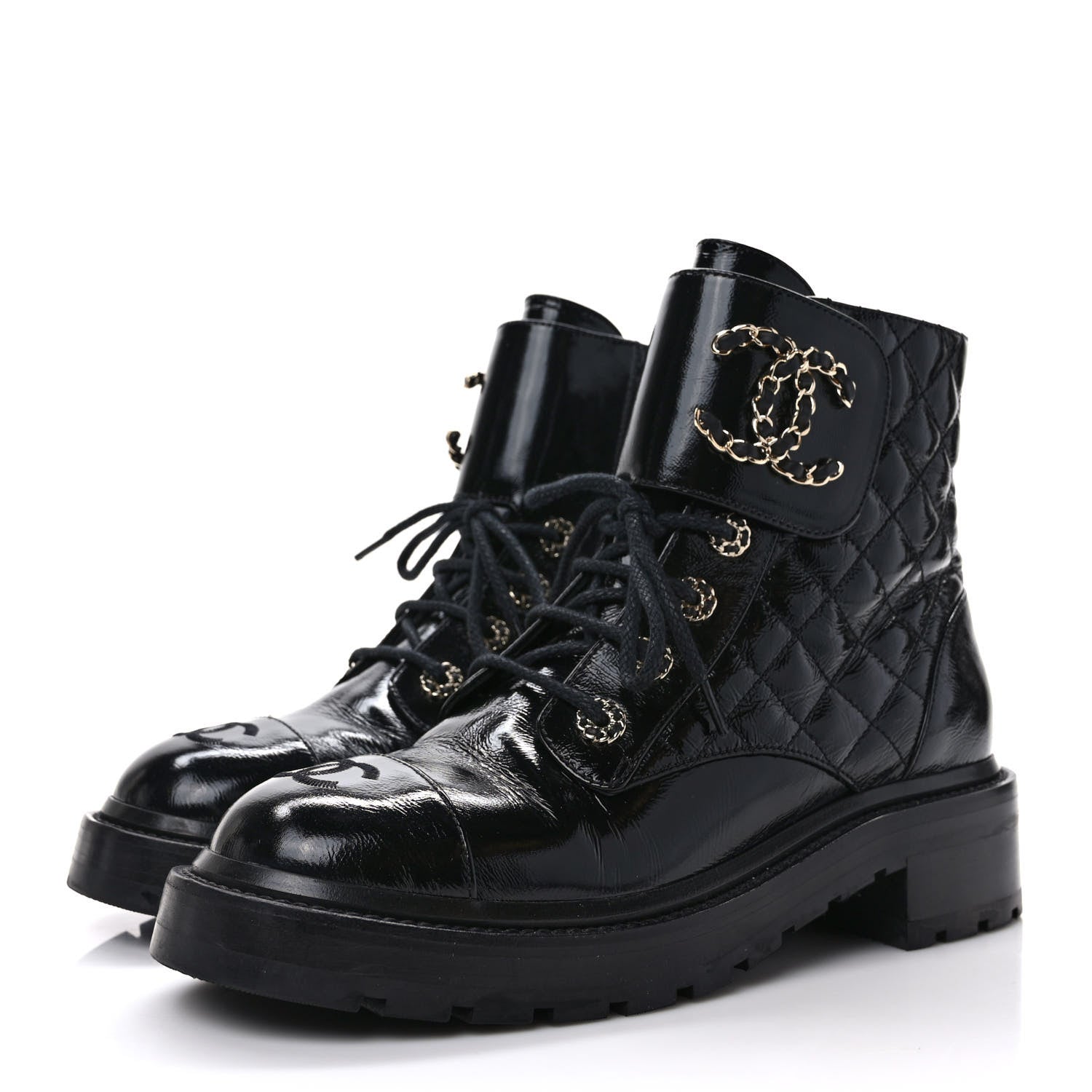 Chanel Shiny Calfskin Quilted Lace Up Combat Boots 38.5 Black 3 of 8
