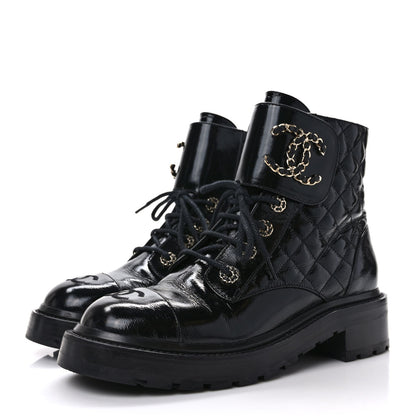 Chanel Shiny Calfskin Quilted Lace Up Combat Boots 38.5 Black 3 of 8
