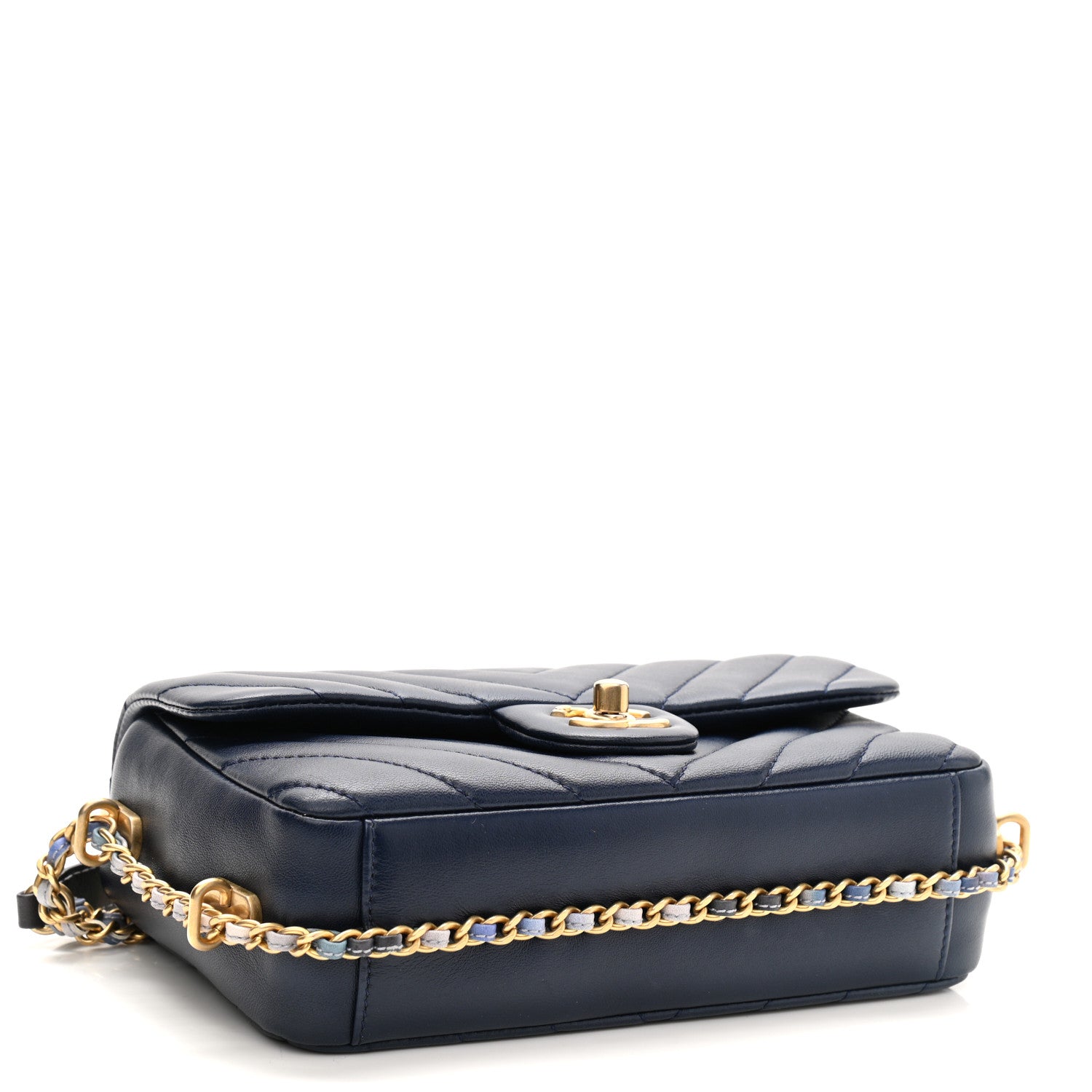 Chanel Lambskin Chevron Quilted Mini Chain Around Rectangular Flap Blue 4 of 10