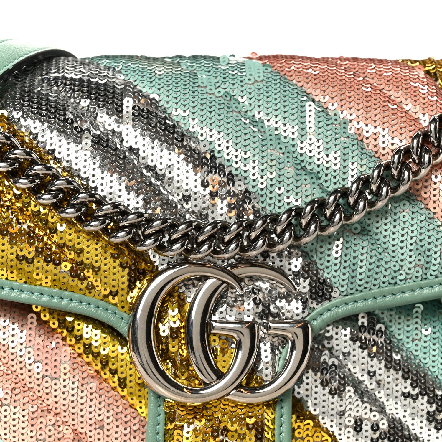 Gucci Sequin Satin Calfskin Matelasse Diagonal Small GG Marmont Shoulder Bag Grigio Argento Verde Chiaro Rosa Giallo Light Water Green 9 of 12