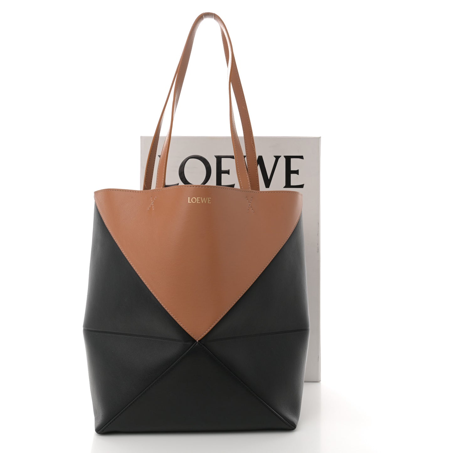 Shiny Calfskin Medium Puzzle Fold Tote Warm Desert Black