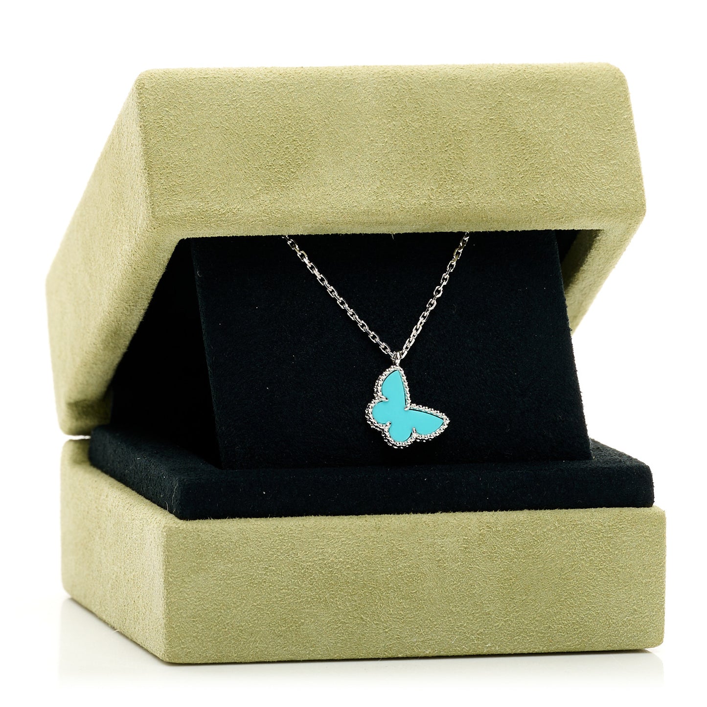 18K White Gold Turquoise Sweet Alhambra Butterfly Pendant Necklace