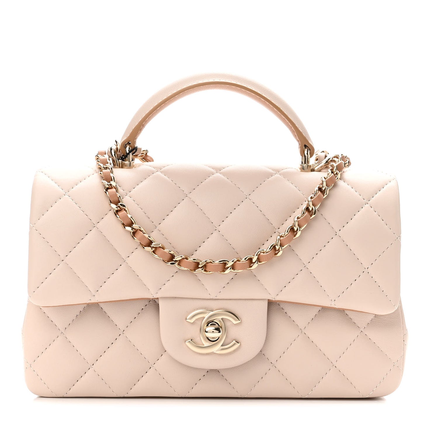 Lambskin Quilted Bi-Color Mini Top Handle Rectangular Flap Ecru Dark Beige
