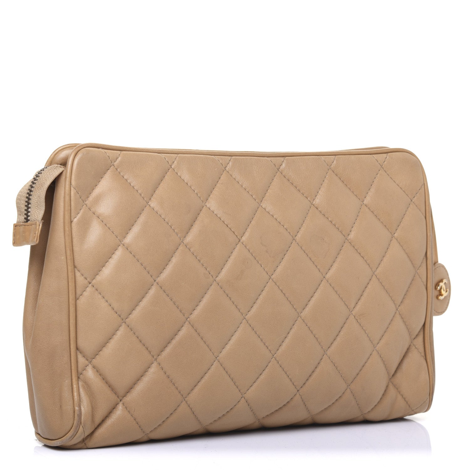 Chanel Lambskin Quilted Cosmetic Zip Pouch Beige 3 of 21