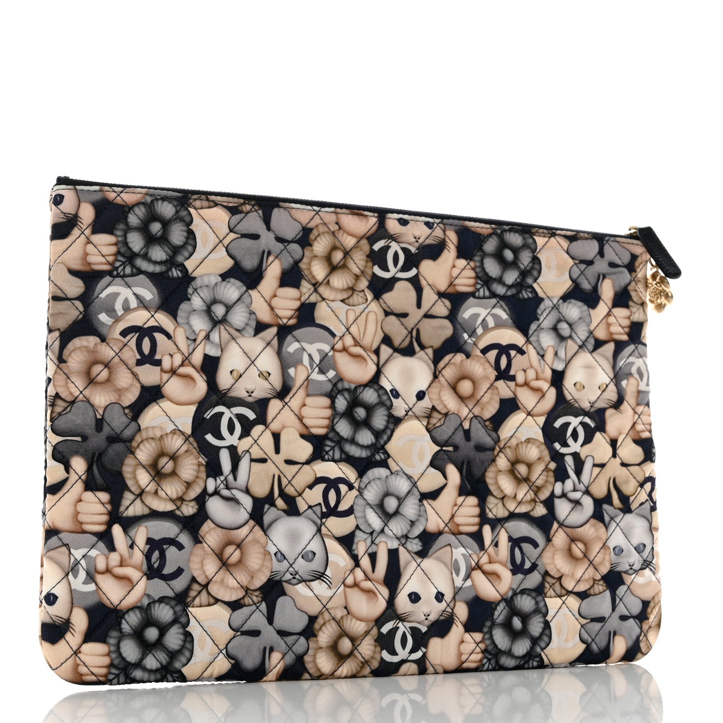 Nylon Quilted Medium Cat Emoticon Cosmetic Case Navy