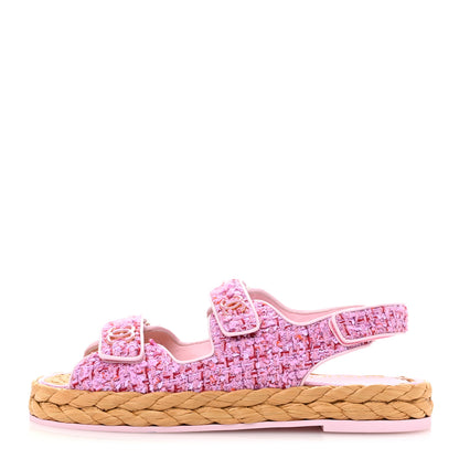 Chanel Tweed Patent Calfskin Velcro Dad Sandals 41 Light Purple Pink Red 1 of 9