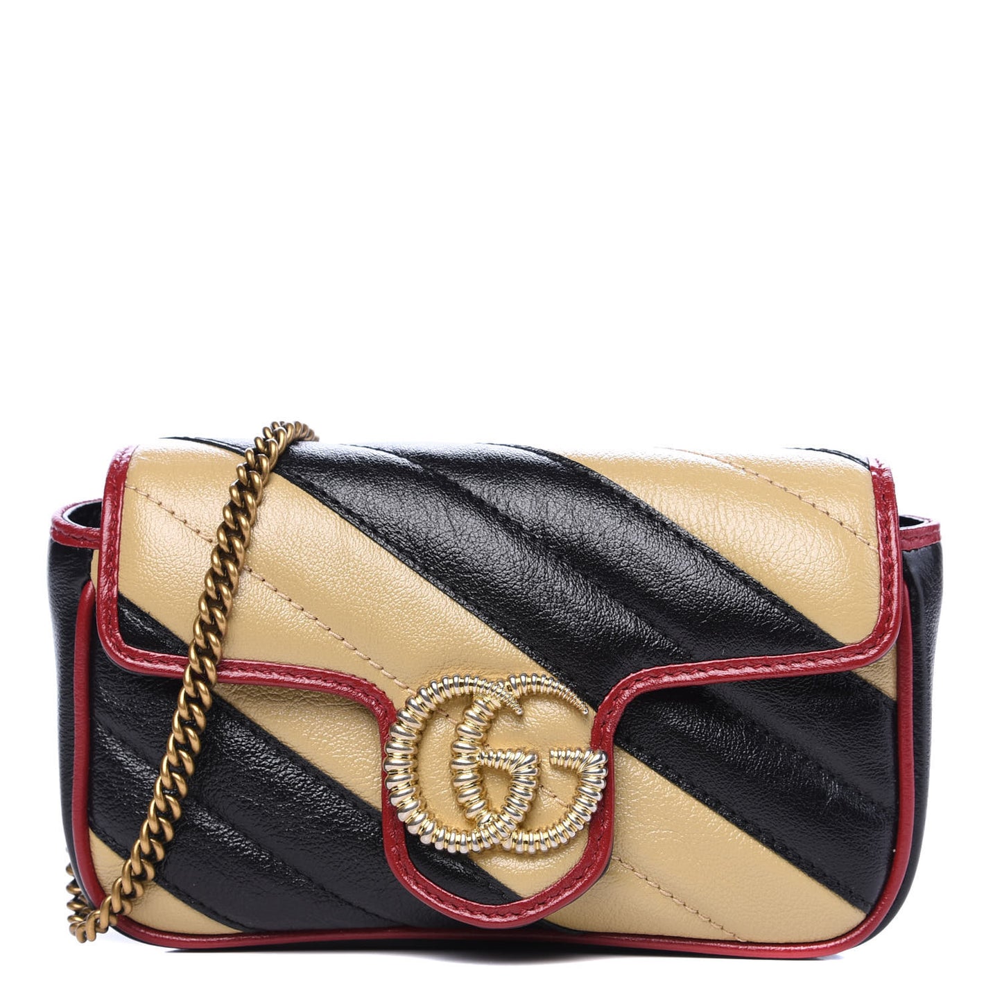 Vintage Effect Calfskin Matelasse Diagonal Striped Super Mini Torchon GG Marmont Shoulder Bag Black Beige