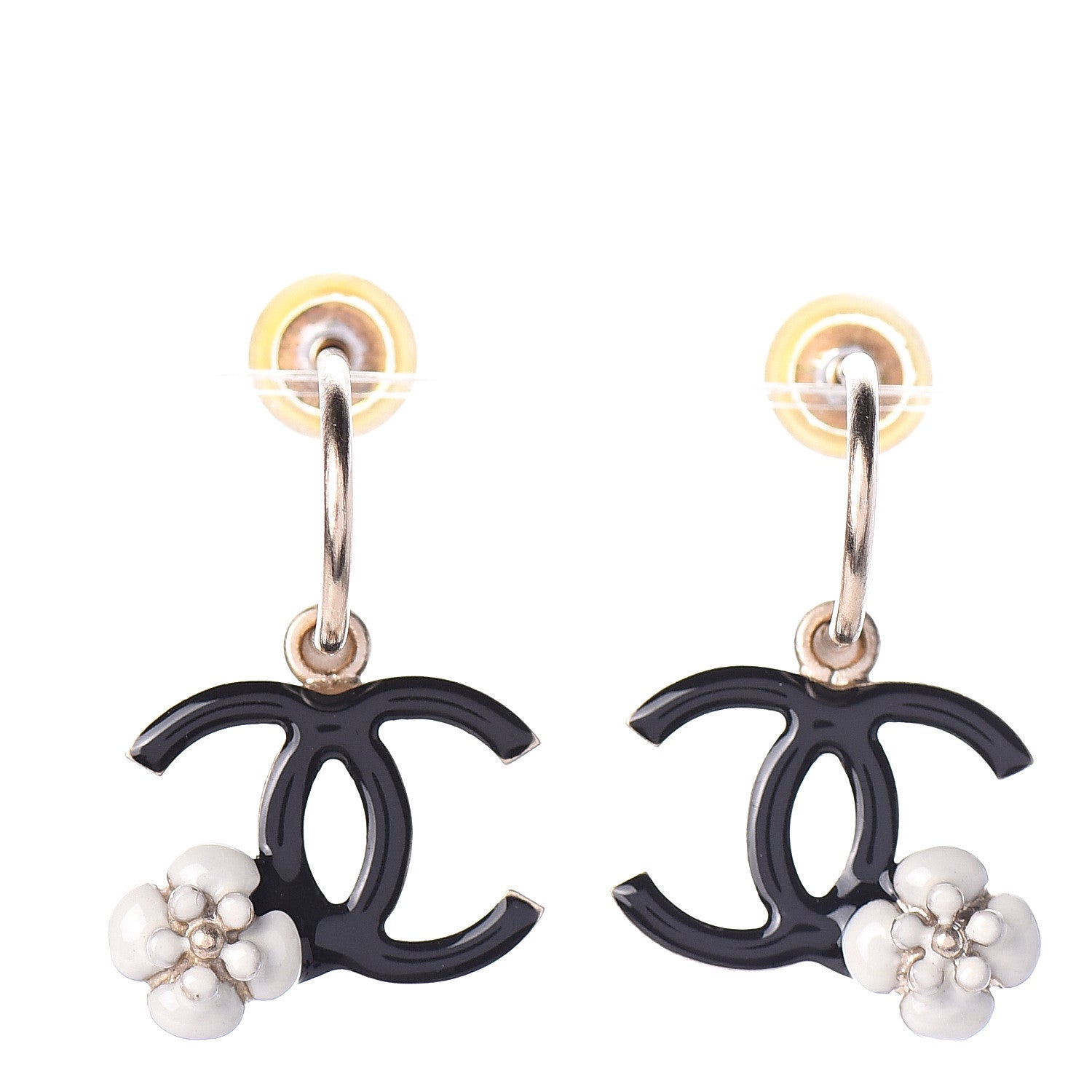Chanel Enamel CC Camellia Drop Earrings Black 1 of 3