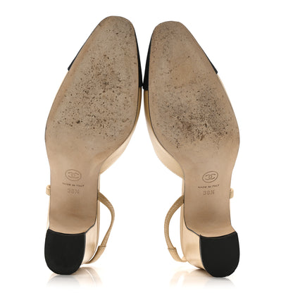 Chanel Goatskin Grosgrain Cap Toe CC Slingback Pumps 38.5 Beige Black 6 of 13