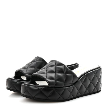 Chanel Lambskin Quilted Camelia CC Wedge Sandal Mules 38.5 Black 4 of 10