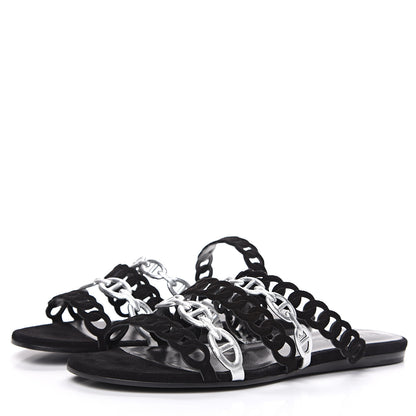 Hermes Metallic Nappa Suede Goatskin Nude Sandals 36 Argent Black 3 of 9