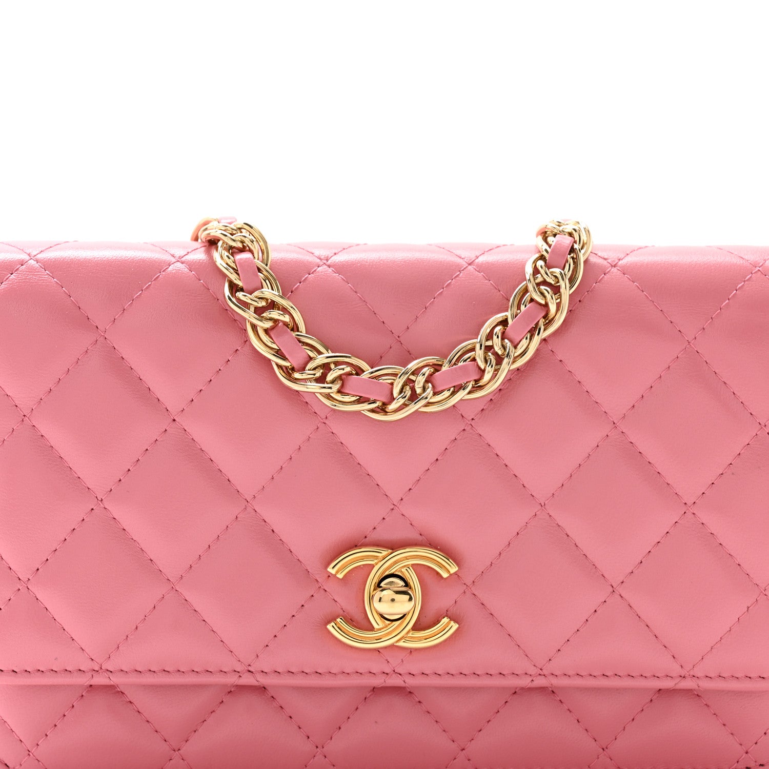 Chanel Shiny Lambskin Quilted Golden Links Wallet On Chain WOC Pink 6 of 12