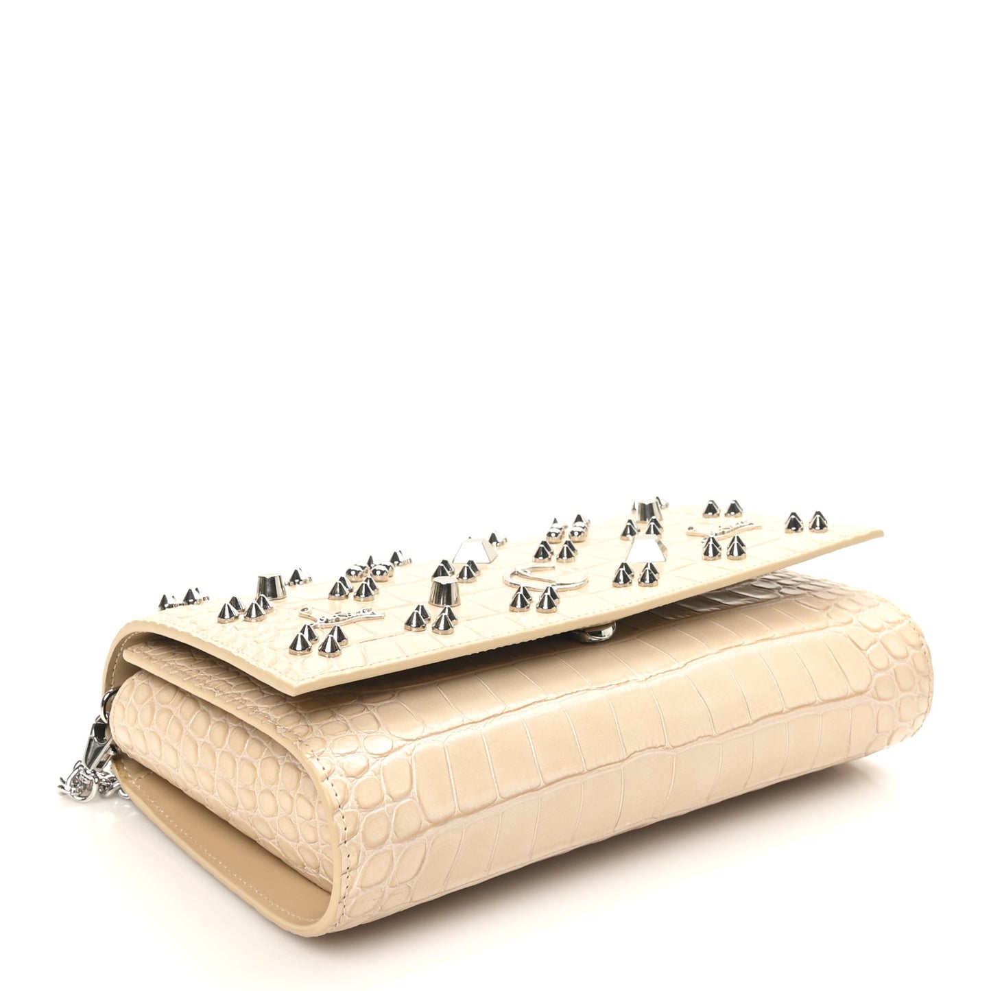 Calfskin Crocodile Embossed Spikes Loubinthesky Paloma Clutch Nougat