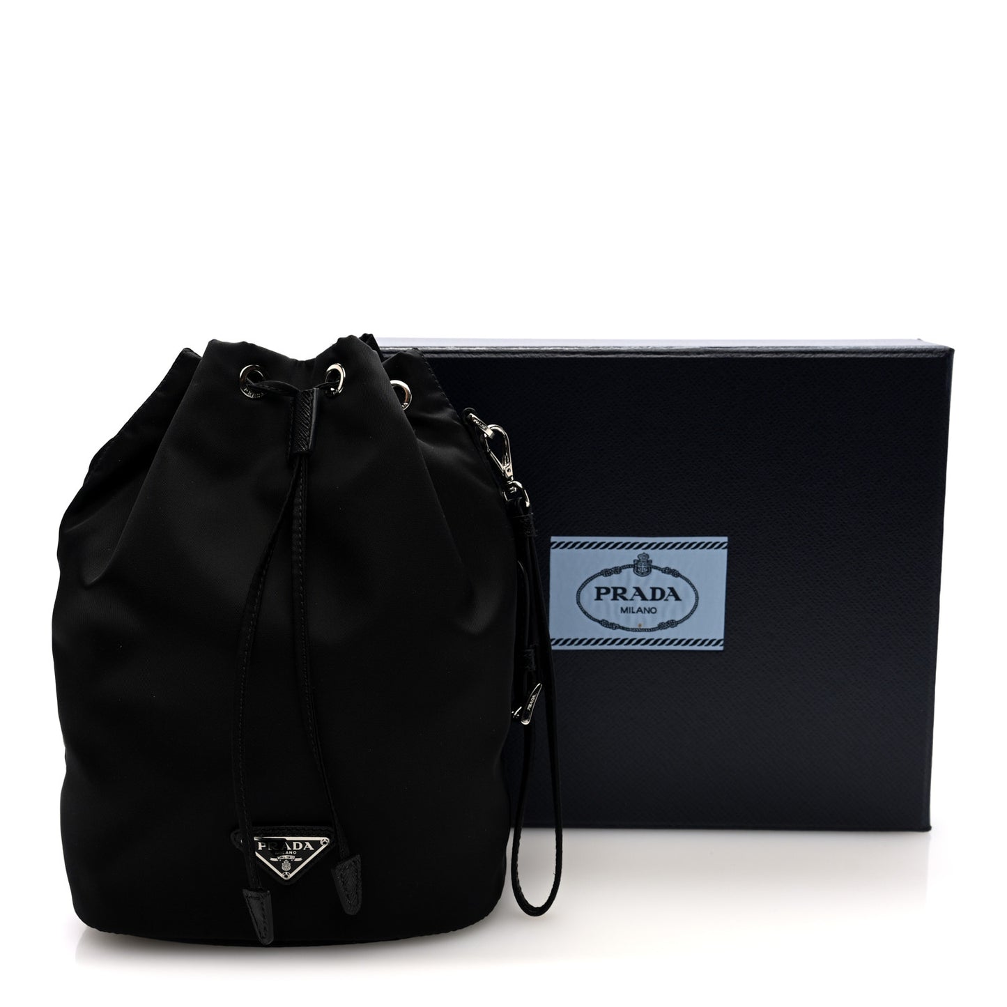 Saffiano Tessuto Re-Nylon Vela Bucket Wristlet Black