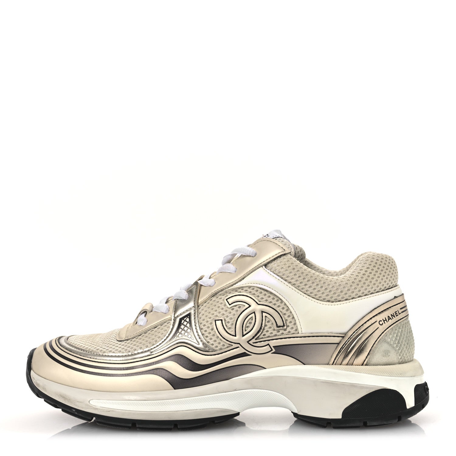 Chanel Fabric Laminated Calfskin Stretch CC Sneakers 39.5 Ivory White Silver 1 of 15