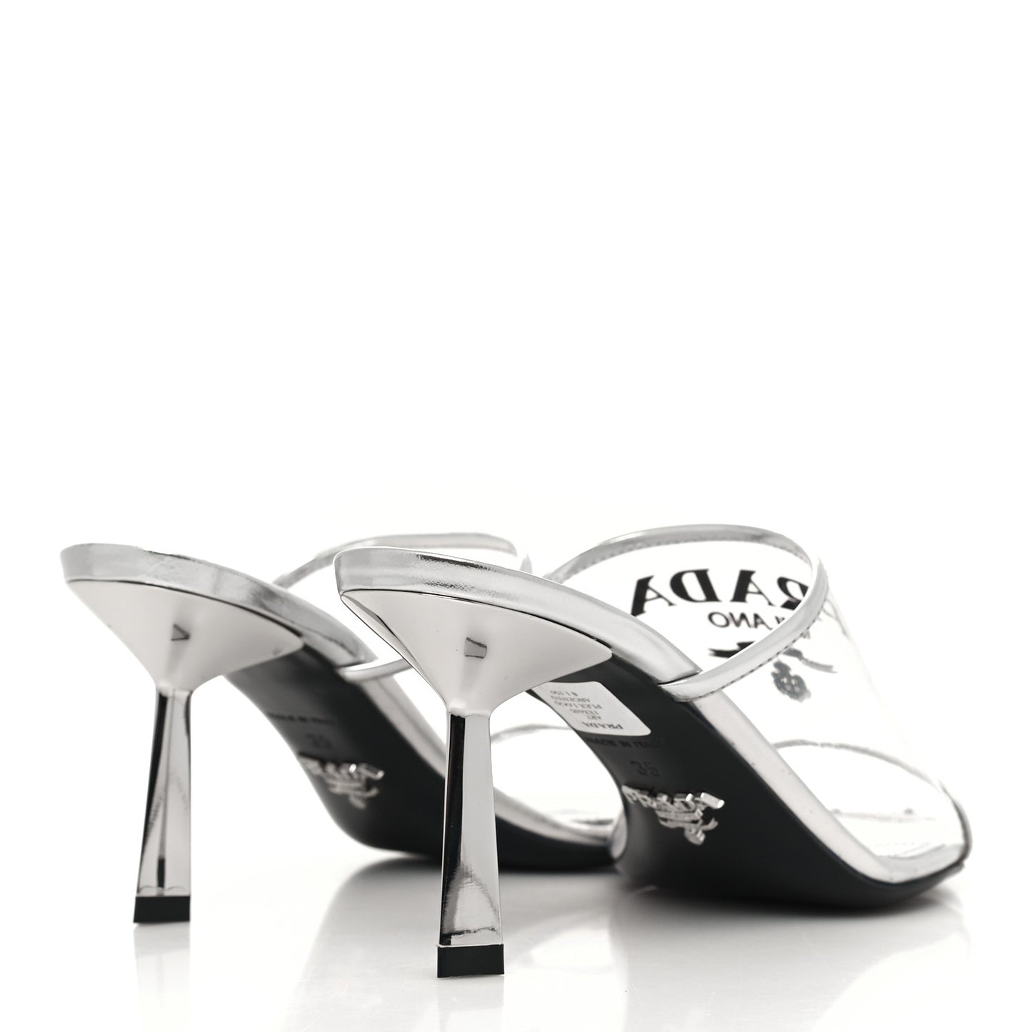 Plexiglass Metallic Calfskin Metal Triangle Logo 75mm Slide Sandals 35 Argento