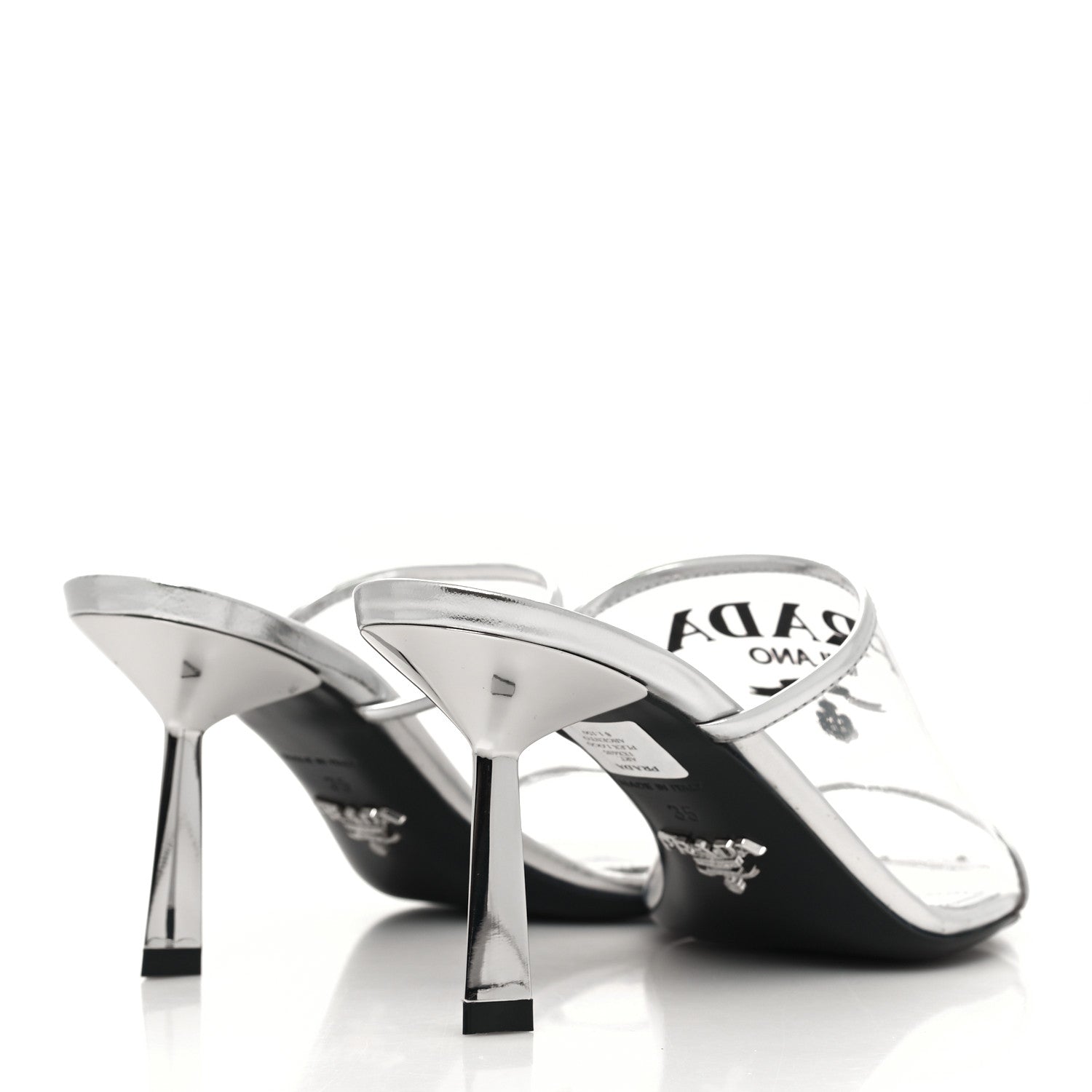 Prada Plexiglass Metallic Calfskin Metal Triangle Logo 75mm Slide Sandals 35 Argento 4 of 8
