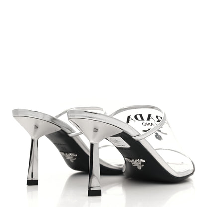 Prada Plexiglass Metallic Calfskin Metal Triangle Logo 75mm Slide Sandals 35 Argento 4 of 8
