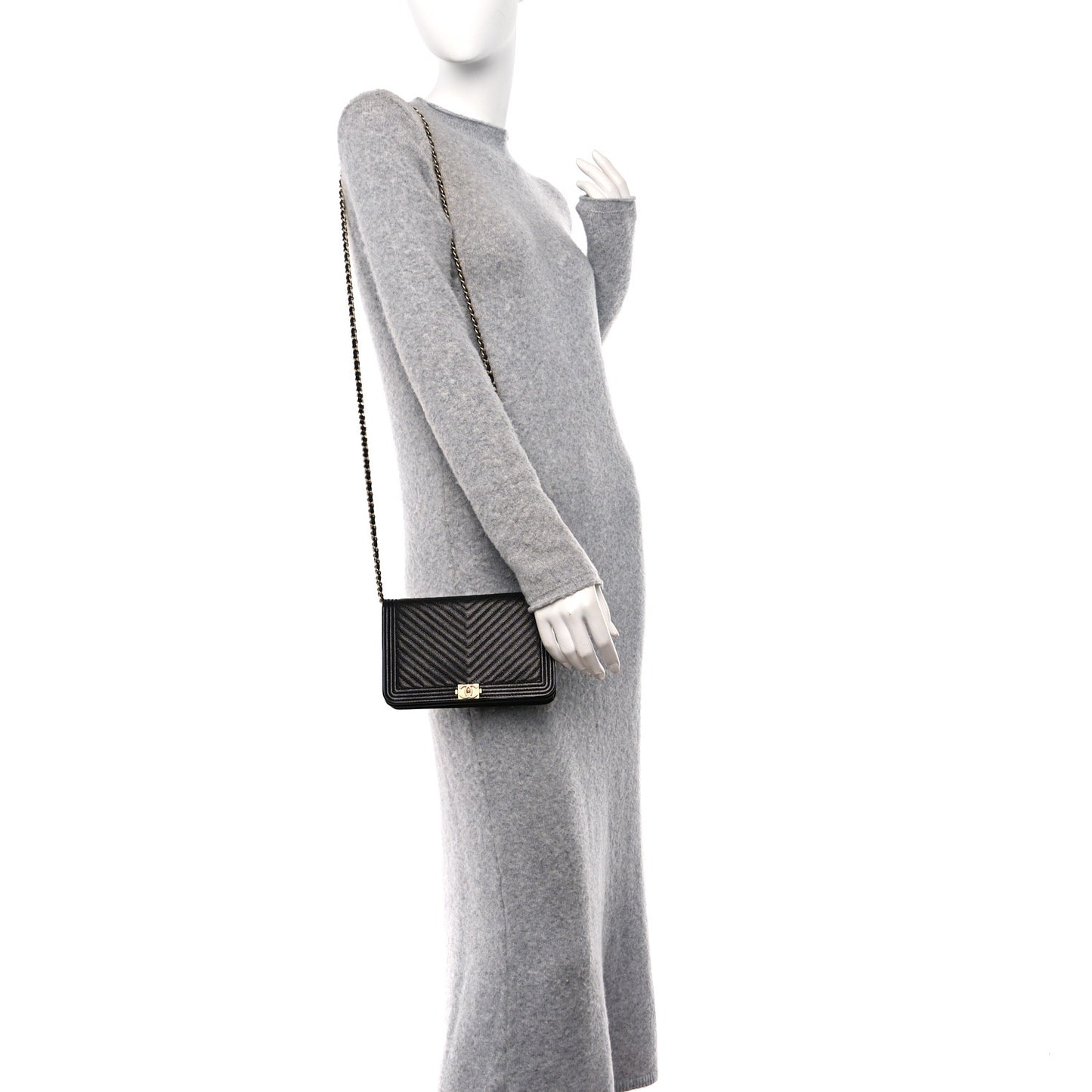 Caviar Chevron Quilted Boy Wallet On Chain WOC Black