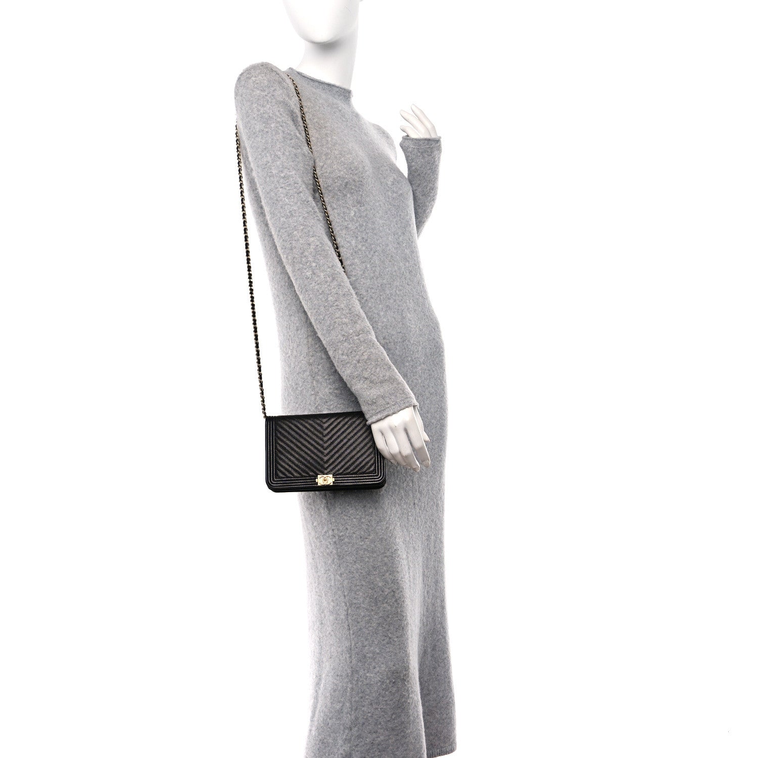 Chanel Caviar Chevron Quilted Boy Wallet On Chain WOC Black 2 of 10