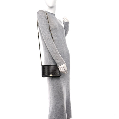 Chanel Caviar Chevron Quilted Boy Wallet On Chain WOC Black 2 of 10