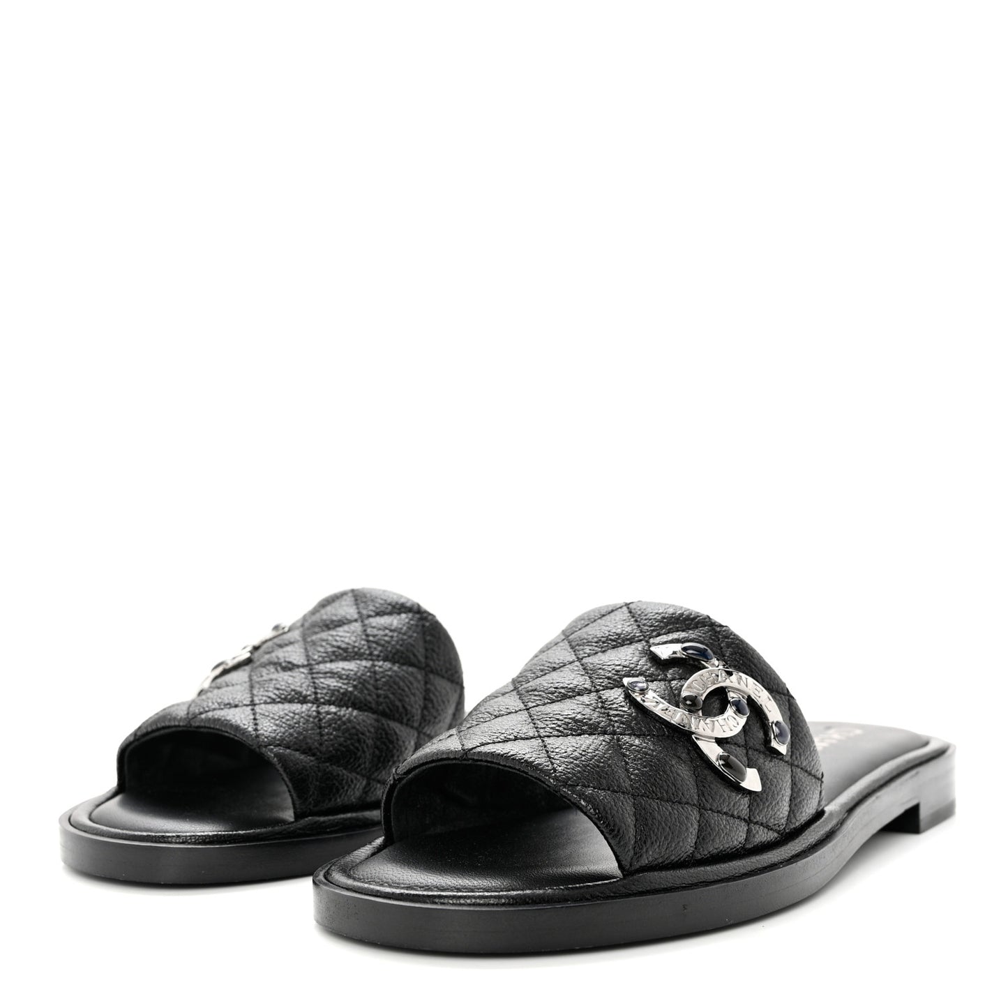 Shiny Goatskin Quilted CC Mules Sandals 38.5 Black