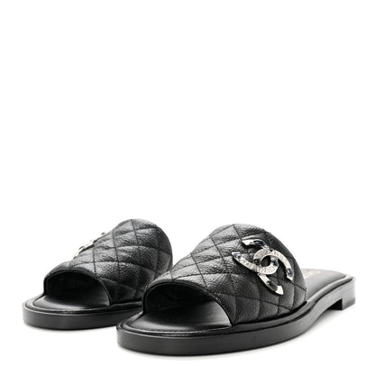 Chanel Shiny Goatskin Quilted CC Mules Sandals 38.5 Black 3 of 9