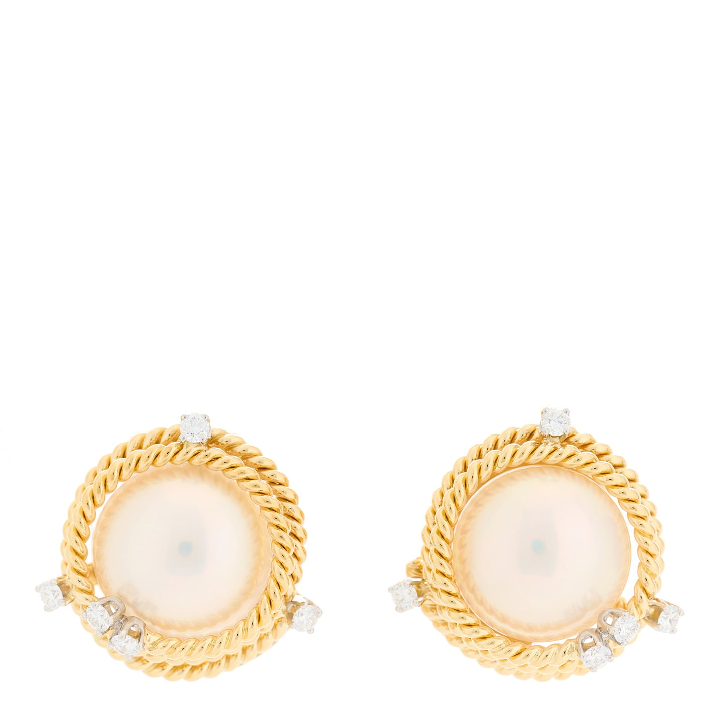 18K Yellow Gold Platinum Diamond Mabe Pearl Schlumberger Clip-On Earrings