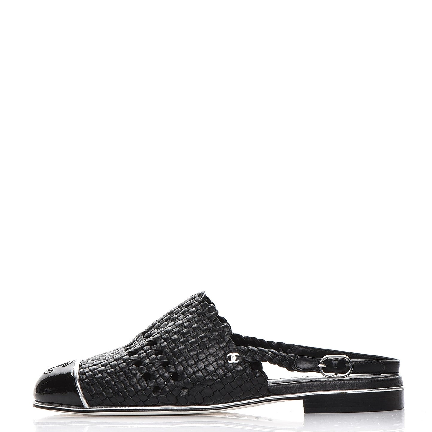 Braided Lambskin Patent Cap Toe CC Slingback Sandals 36.5 Black