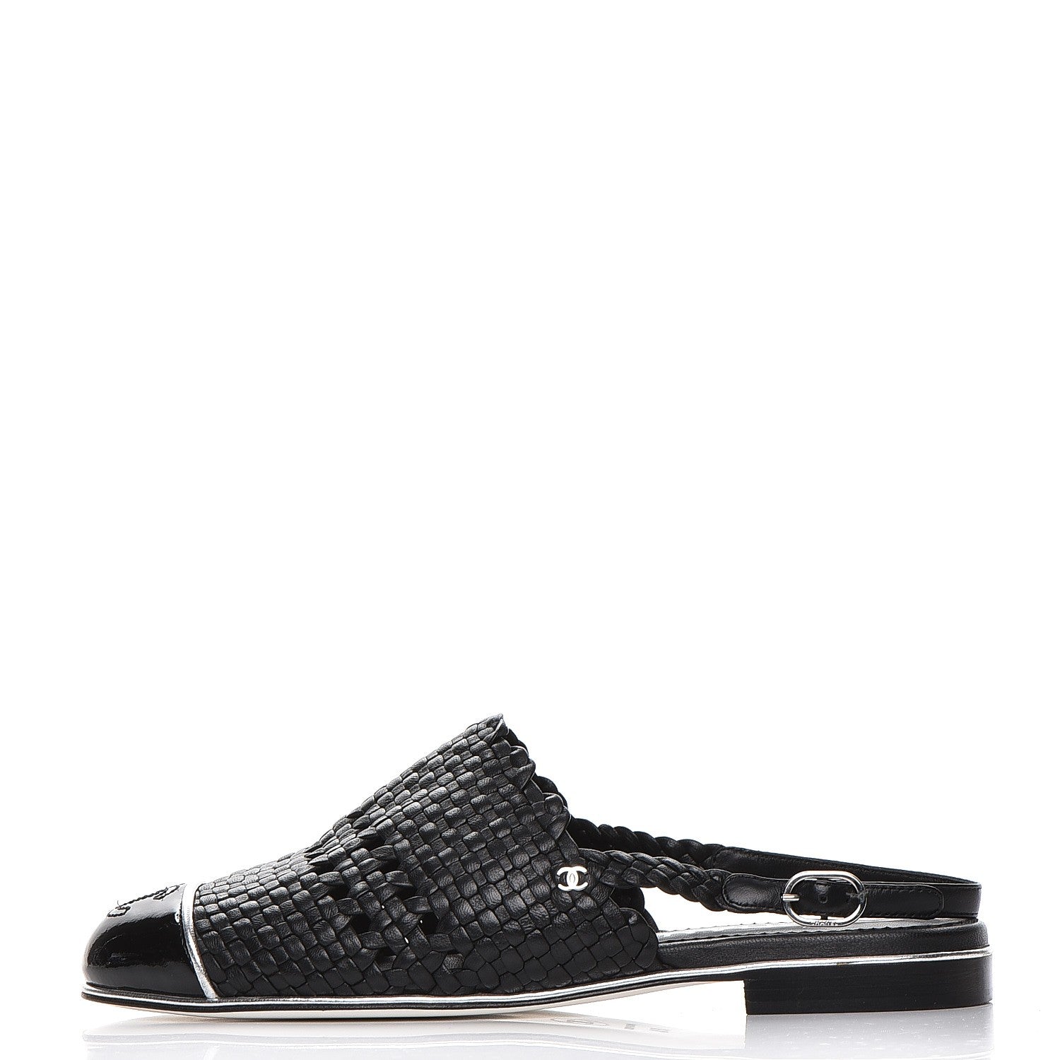 Chanel Braided Lambskin Patent Cap Toe CC Slingback Sandals 36.5 Black 1 of 11