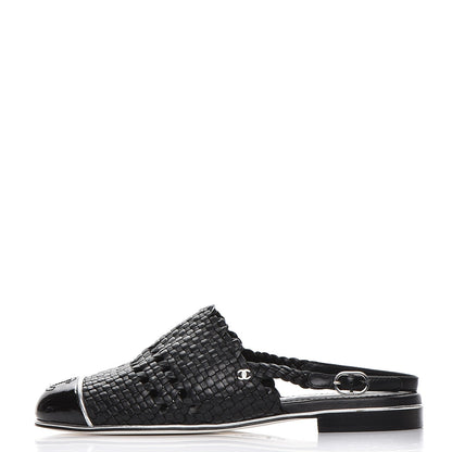 Chanel Braided Lambskin Patent Cap Toe CC Slingback Sandals 36.5 Black 1 of 11