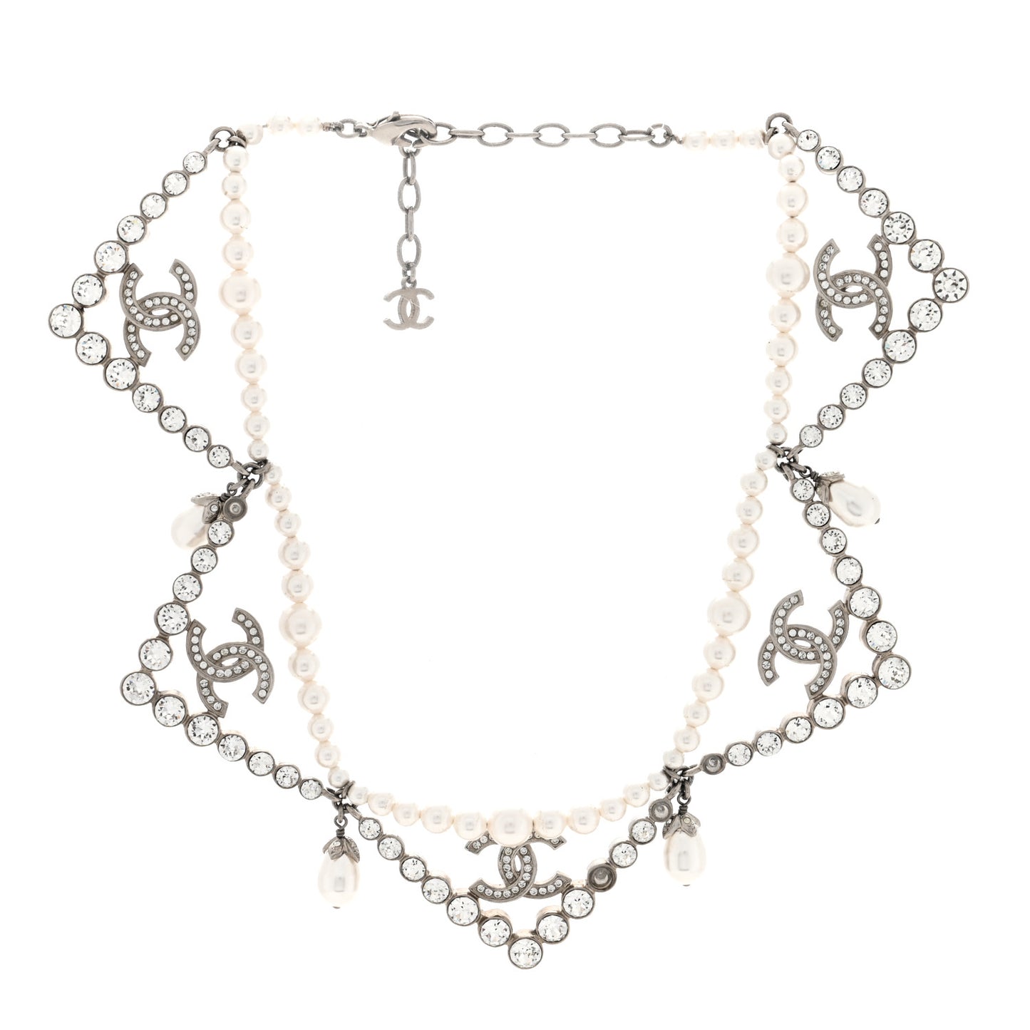 Crystal Pearl CC Choker Necklace Silver