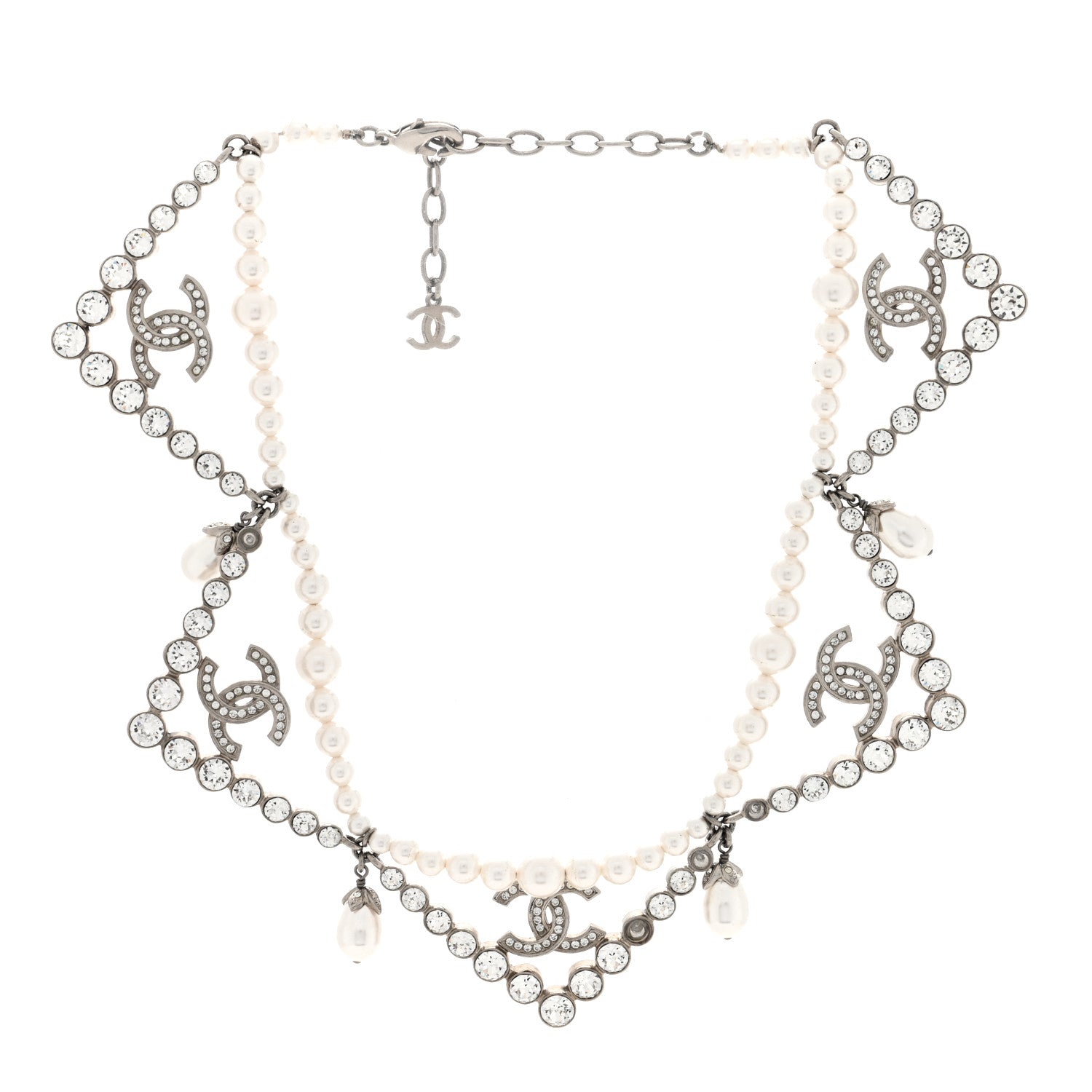Chanel Crystal Pearl CC Choker Necklace Silver 3 of 4