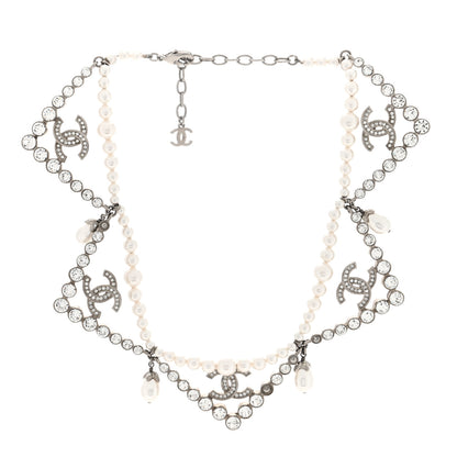 Chanel Crystal Pearl CC Choker Necklace Silver 3 of 4