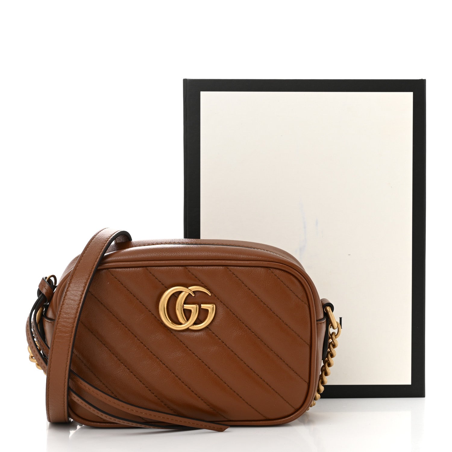 Gucci Glazed Calfskin Matelasse Diagonal Mini GG Marmont Chain Shoulder Bag Cuir 11 of 11