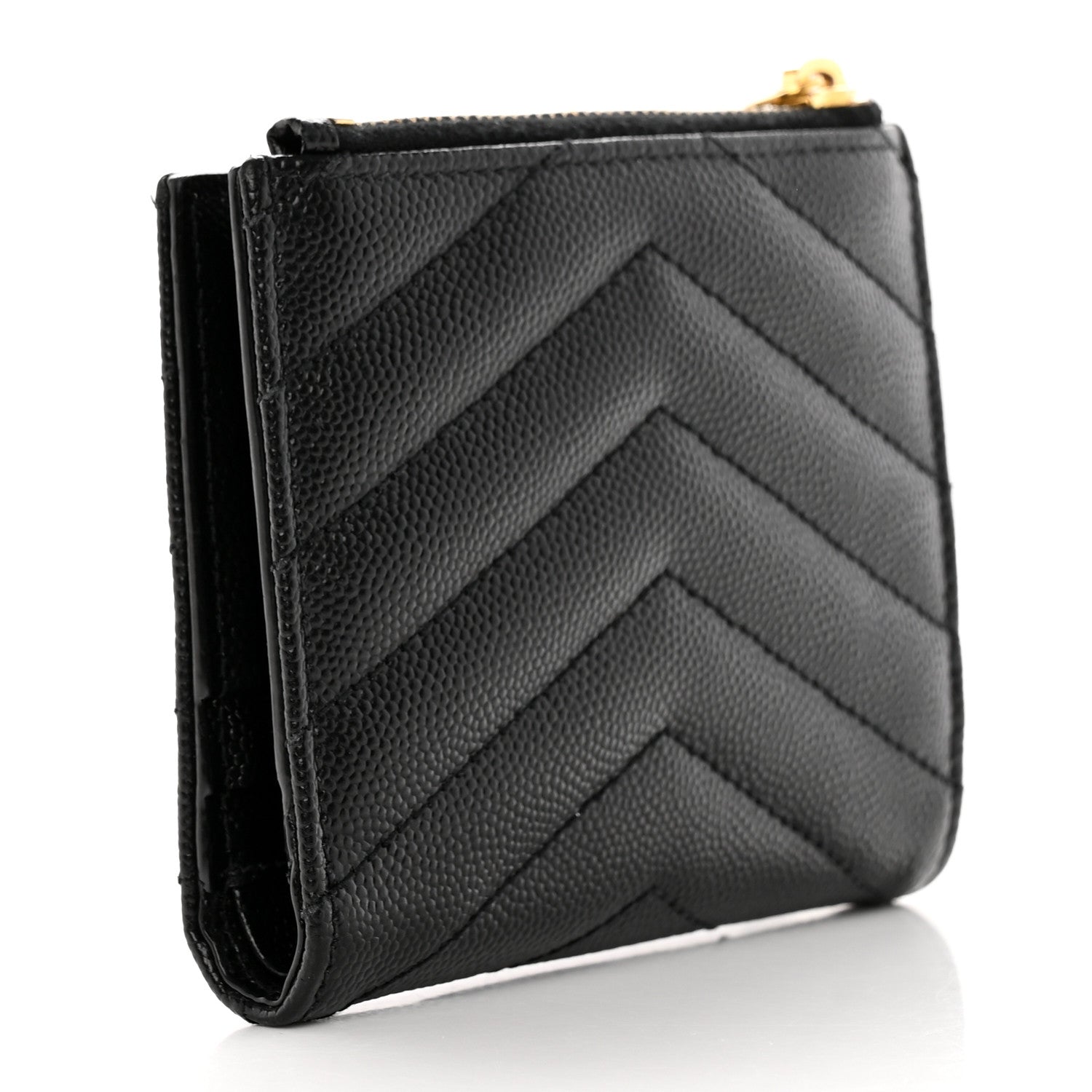 Saint Laurent Grain De Poudre Matelasse Chevron Monogram Zipped Card Case Black 3 of 12