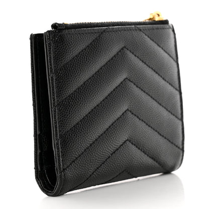 Saint Laurent Grain De Poudre Matelasse Chevron Monogram Zipped Card Case Black 3 of 12
