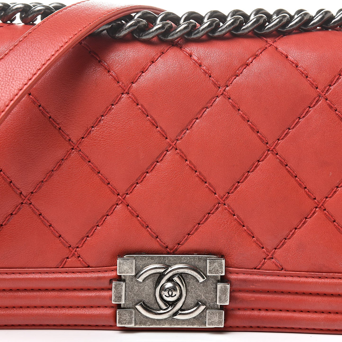 Calfskin Quilted Double Stitch Medium Boy Flap Red