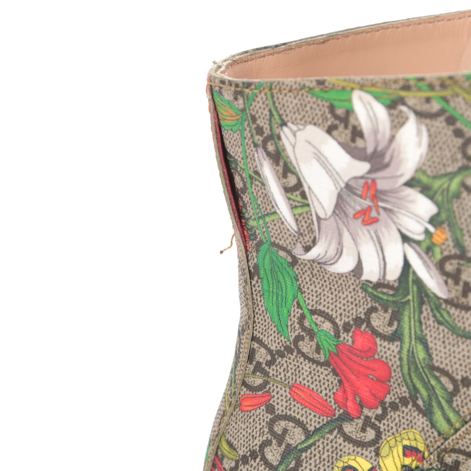 Gucci GG Supreme Monogram Flora Lace Up Combat Ankle Boots 38.5 Beige Multicolor Red 9 of 13