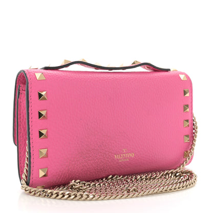 Valentino Garavani Pebbled Calfskin Rockstud Flip Lock Wallet On Chain Feminine Pink 3 of 11