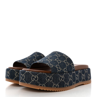 Gucci New Denim GG Monogram Angelina Platform 55mm Slide Sandals 37.5 Blue Tea 3 of 11
