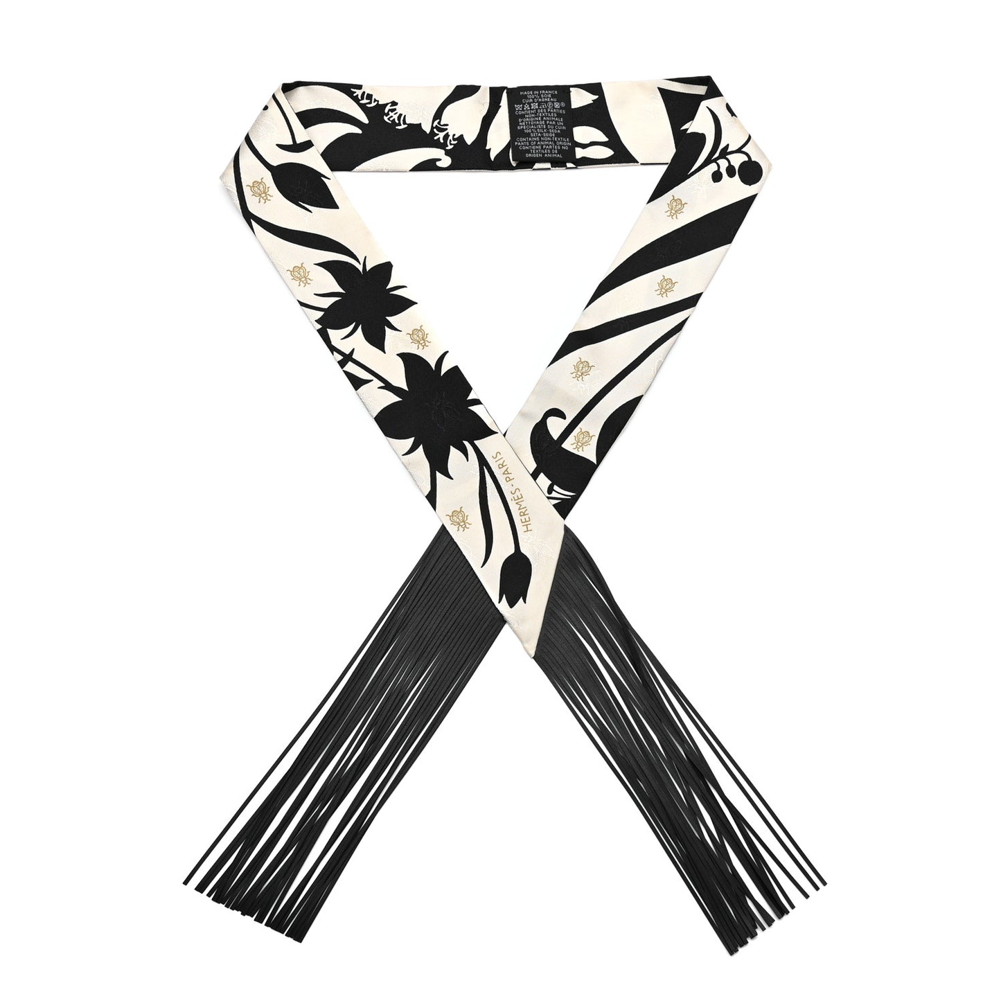 Silk Calfskin Bouquet Final Fringed Twilly Creme Black