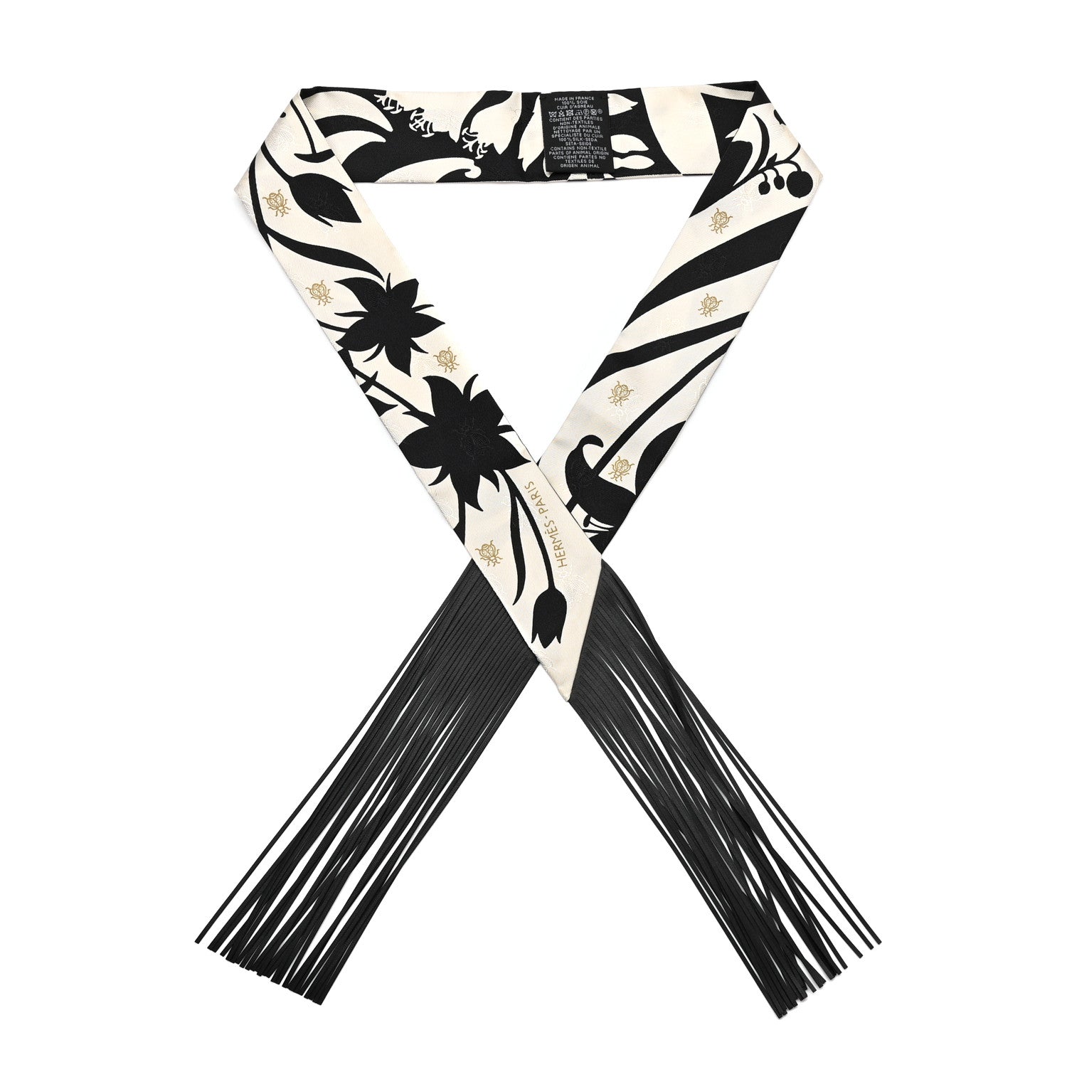 Hermes Silk Calfskin Bouquet Final Fringed Twilly Creme Black 1 of 4