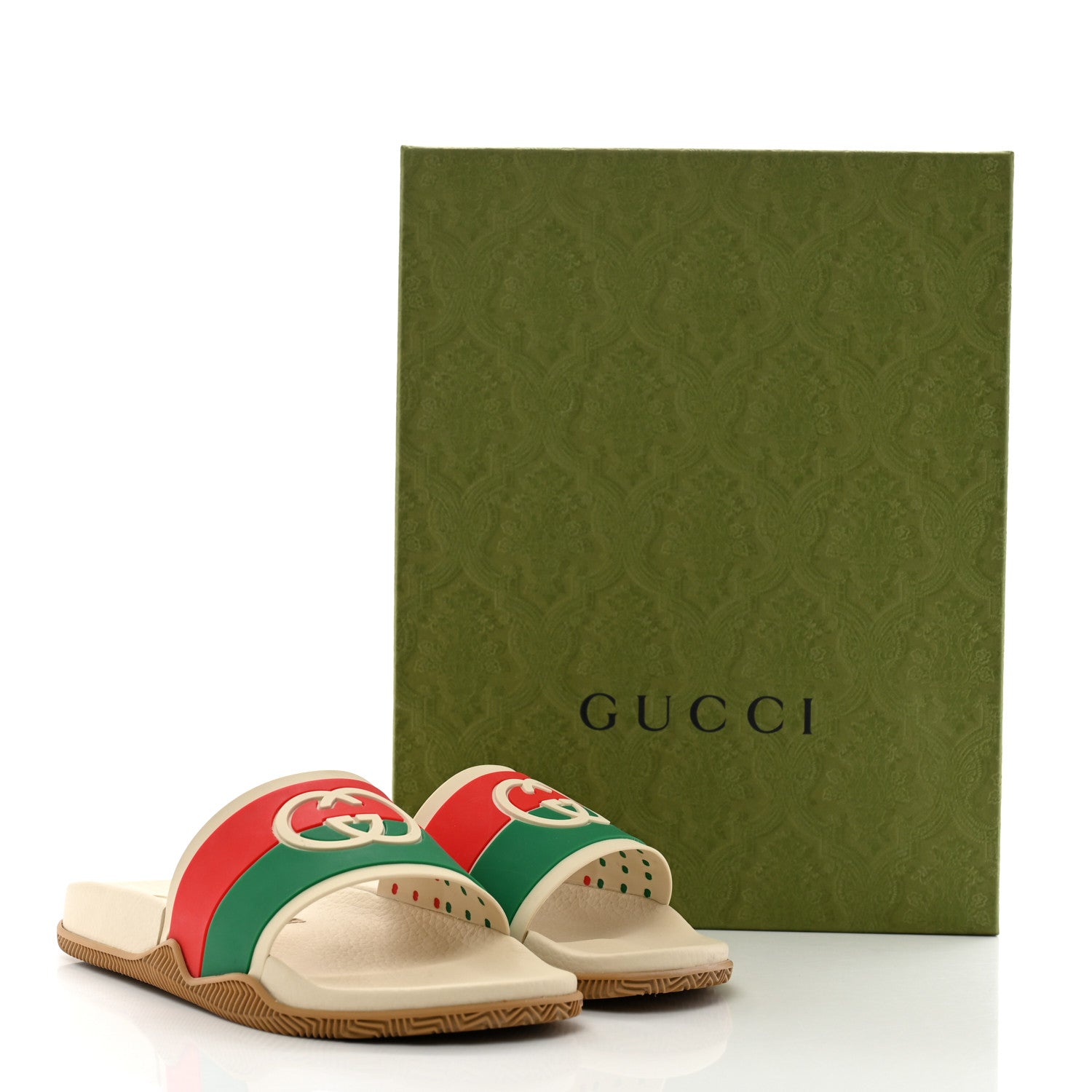 Gucci Rubber Web Mens Interlocking G Slide Sandals 8 Mystic White Green Red 11 of 11