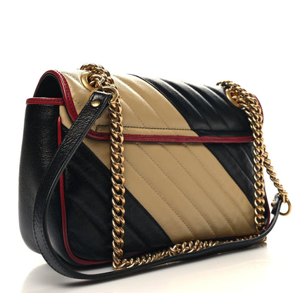 Gucci Vintage Effect Calfskin Matelasse Diagonal Striped Small Torchon GG Marmont Shoulder Bag Black Beige 3 of 10