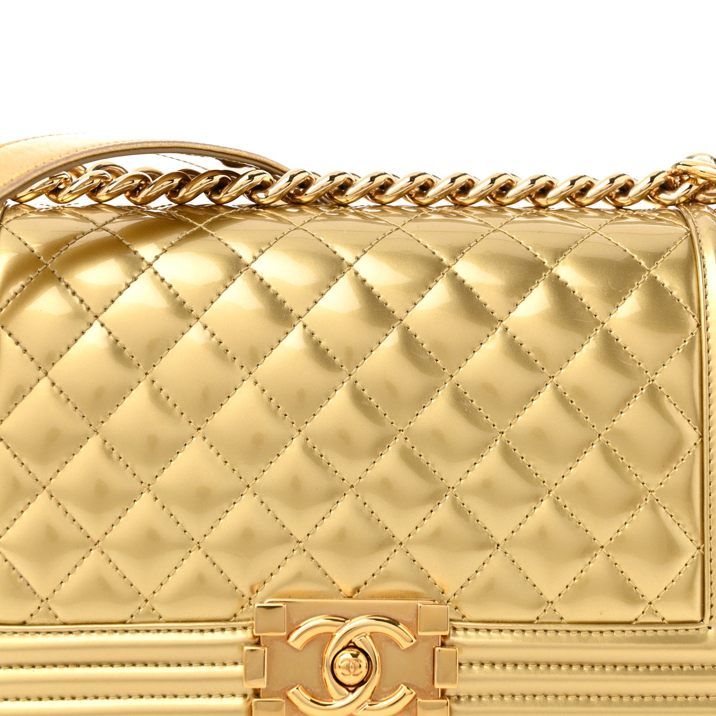 Metallic Patent Calfskin Quilted Medium Boy Flap Gold