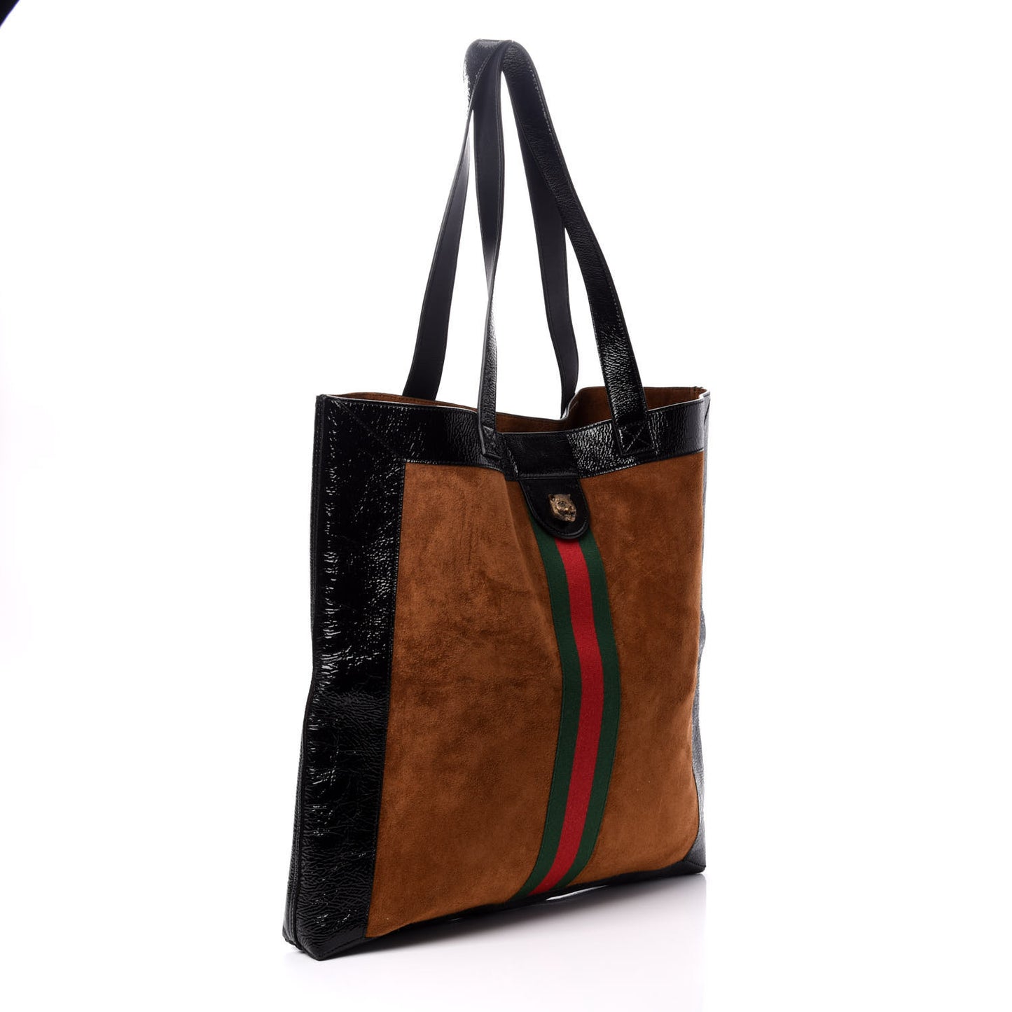 Suede Patent Web Large Ophidia Vertical Shopping Tote Nocciola Black